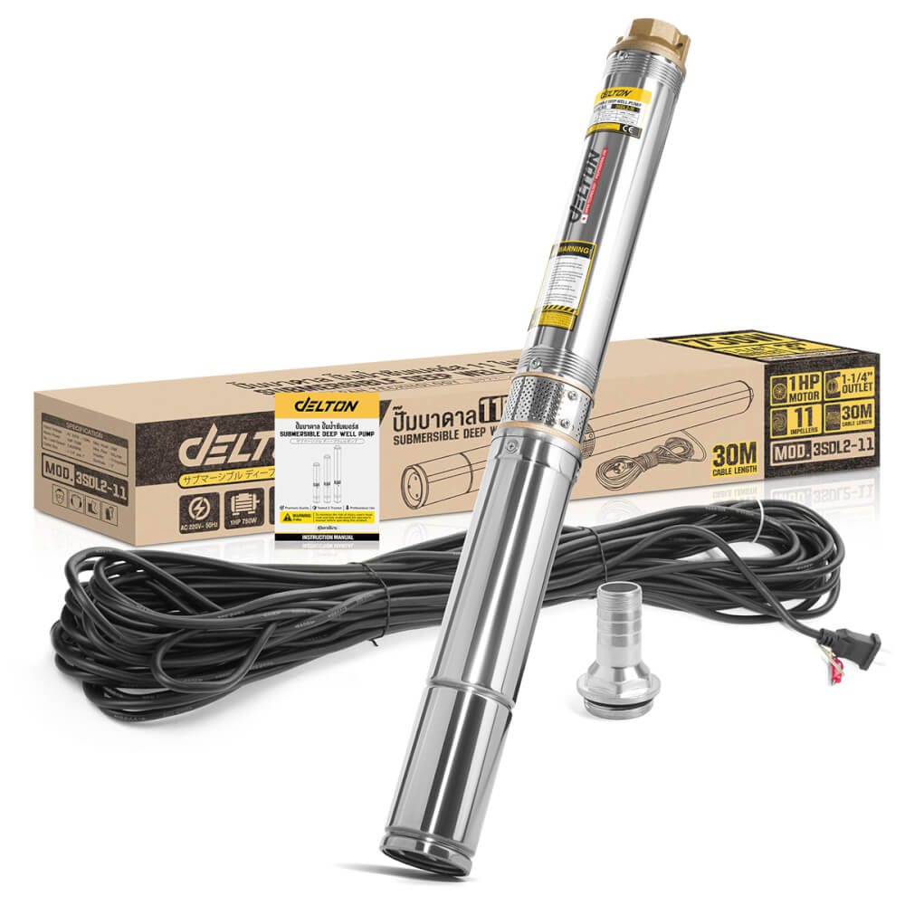 ปั๊มบาดาล บ่อ 3 นิ้ว DELTON รุ่น 3SDL2-11 ขนาดท่อ 1-1/4 นิ้ว 750 วัตต์ 11 ใบพัด